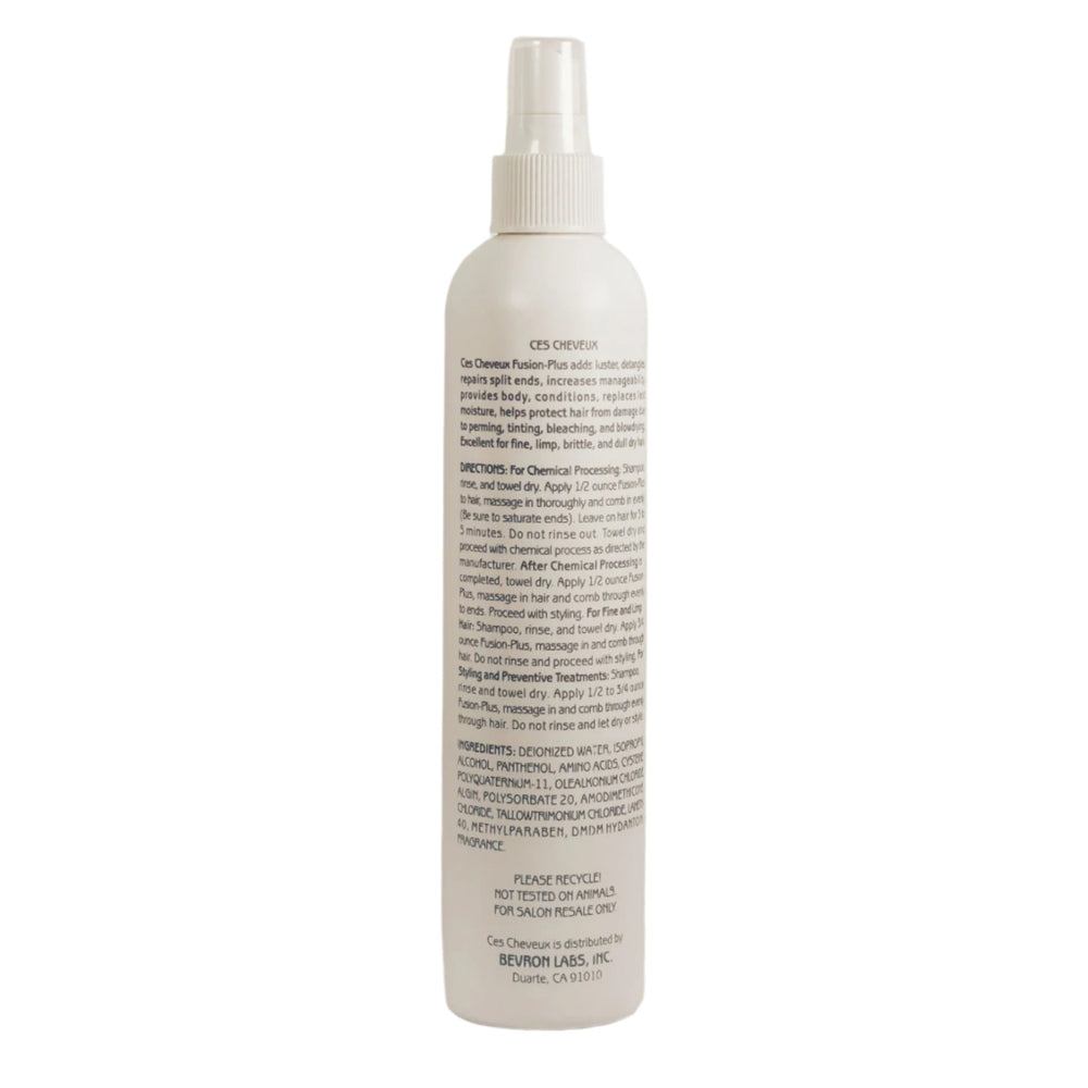 
                  
                    Load image into Gallery viewer, The back of the CES Cheveux Fusion-Plus bottle includes detailed directions for use during chemical processing, as a daily leave-in treatment, and for styling support. It emphasizes its benefits for baby-fine, limp, or brittle hair with no rinsing required.

                  
                