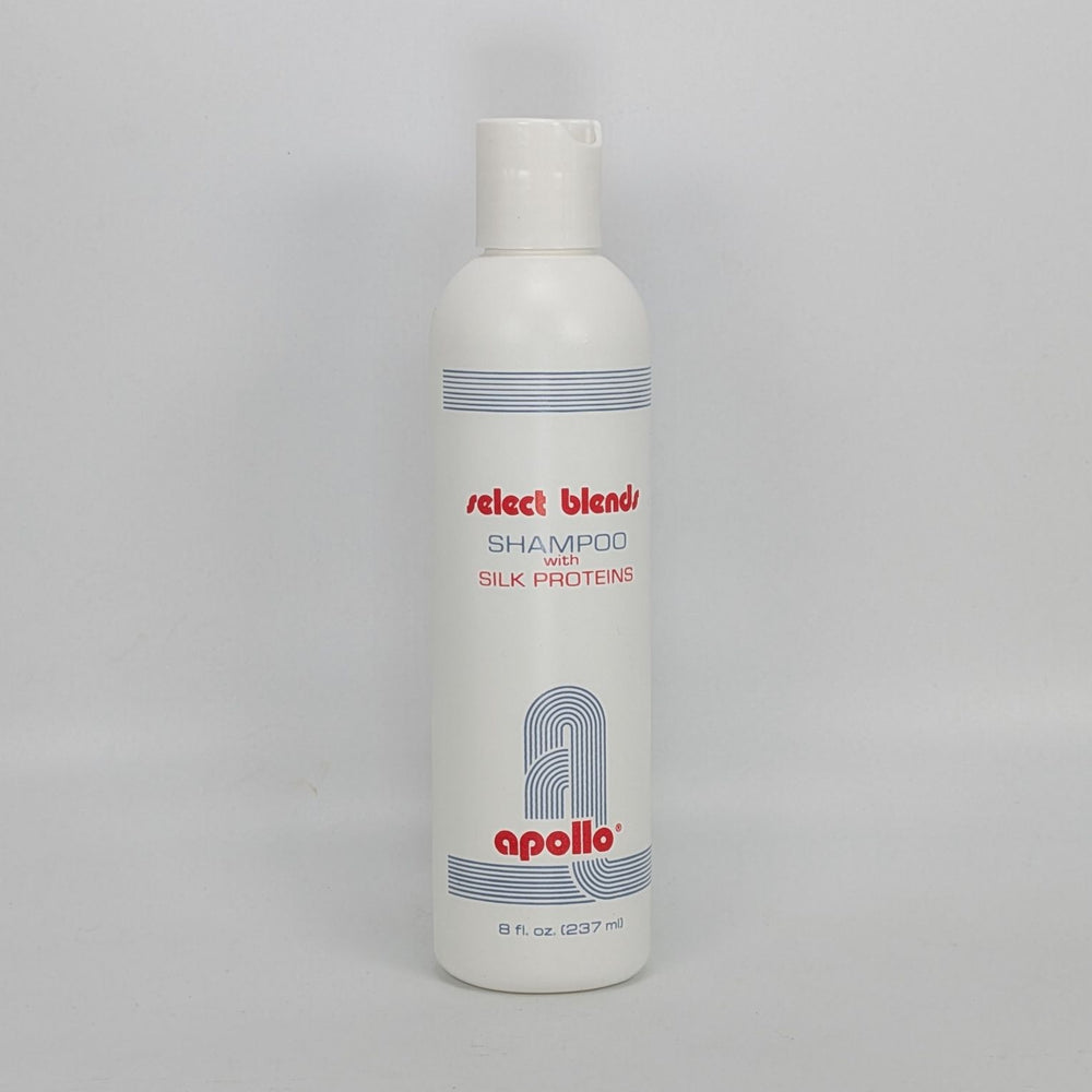 Shampoo bottle labeled 'select blends' with 'apollo' branding 